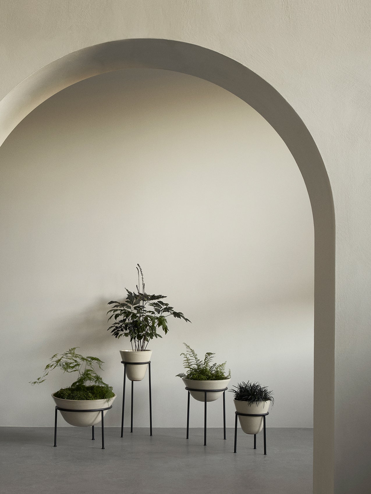 Daiza Planter by Audo styled in a plaster archway with a cluster of potted plants – In Dubai by WSPR
