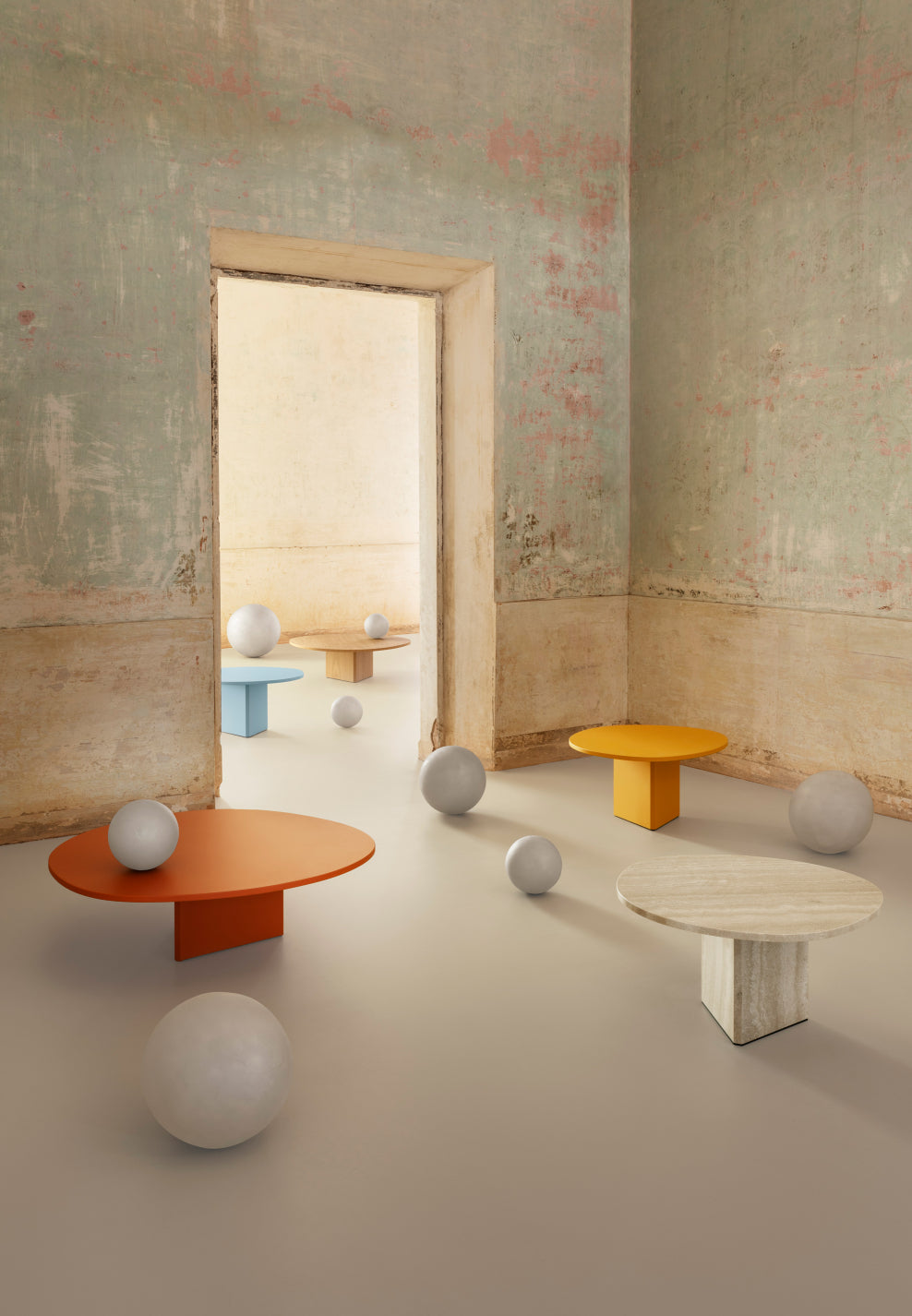Albio Coffee Table by Miniforms in several finishes, styled in a frescoed room – In Dubai by WSPR