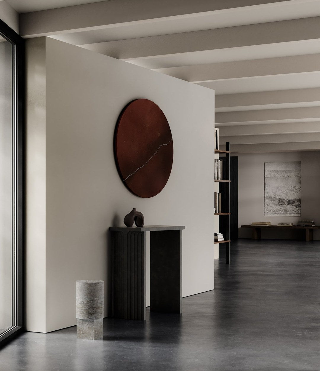 Arc Console by 101 Copenhagen in Silver Travertine in a styled interior – In Dubai by WSPR