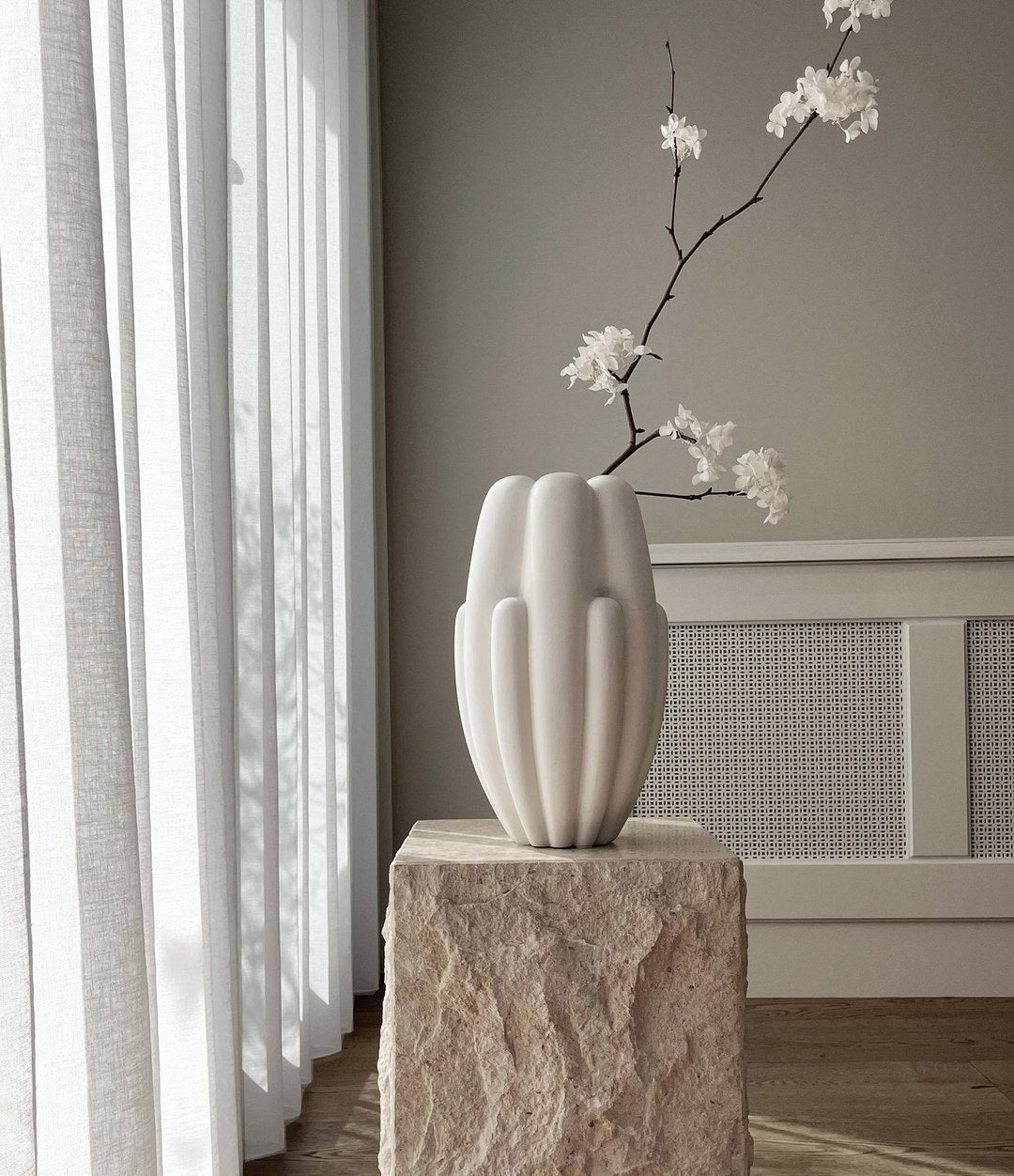 Bloom Vase Slim, Mini by 101 Copenhagen in Bone White in a styled interior – In Dubai by WSPR