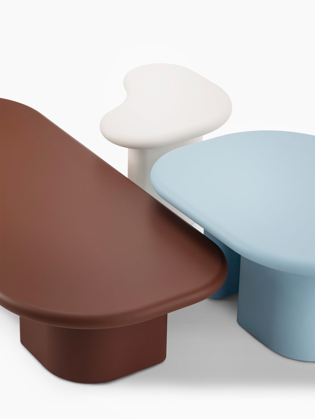 Bonbon Coffee Table by Miniforms in brown, light blue and cream lacquer, close-up of the rounded tops – In Dubai by WSPR