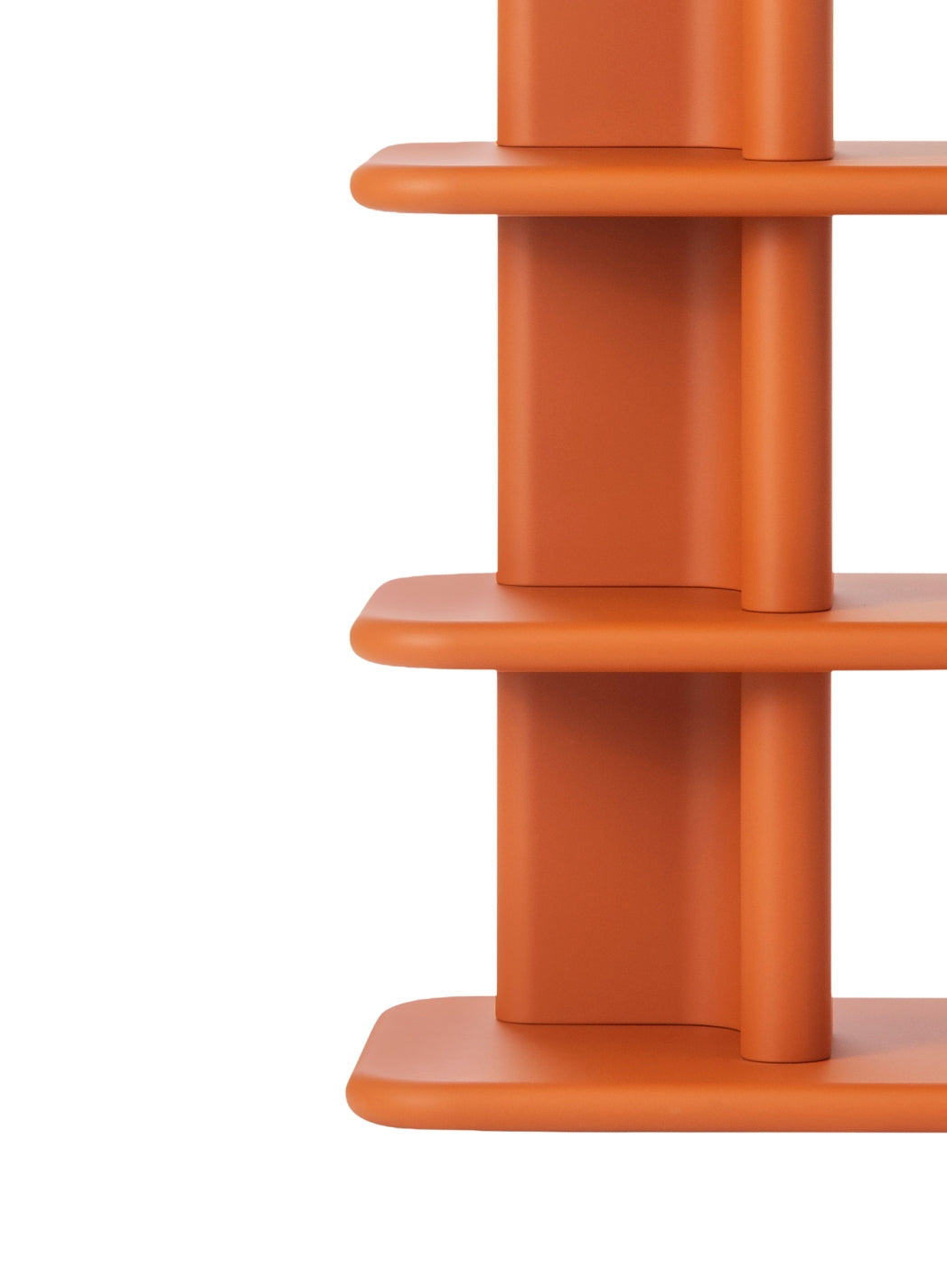 Bonbon Library by Miniforms in an orange lacquered finish, side detail of the upright and shelves – In Dubai by WSPR
