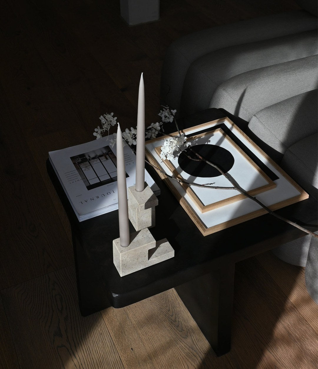 Brick Candle Holder, Low by 101 Copenhagen in Limestone in a styled interior, view 2 – In Dubai by WSPR