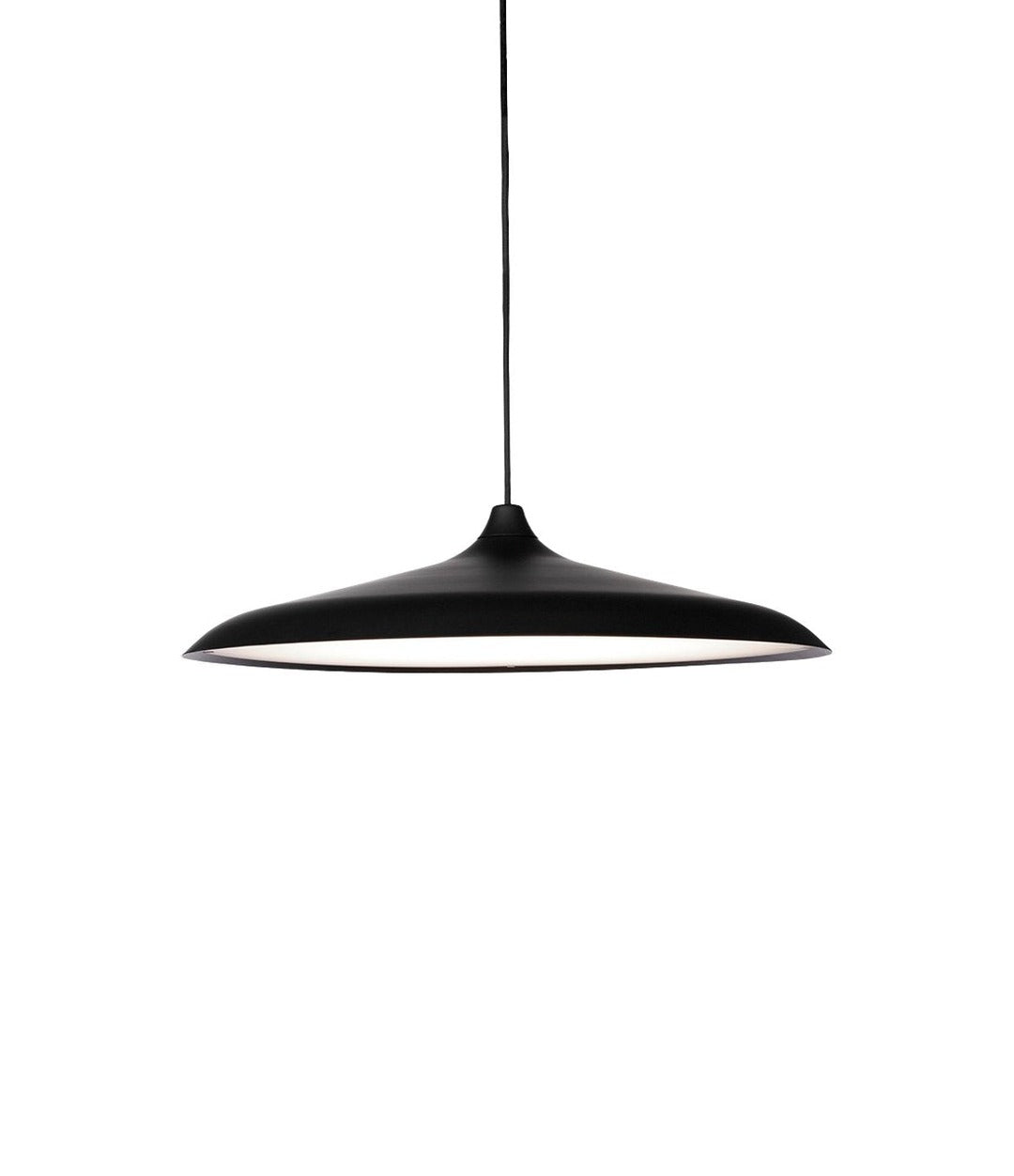 Circular Pendant by Audo in black, side view, lit – In Dubai by WSPR