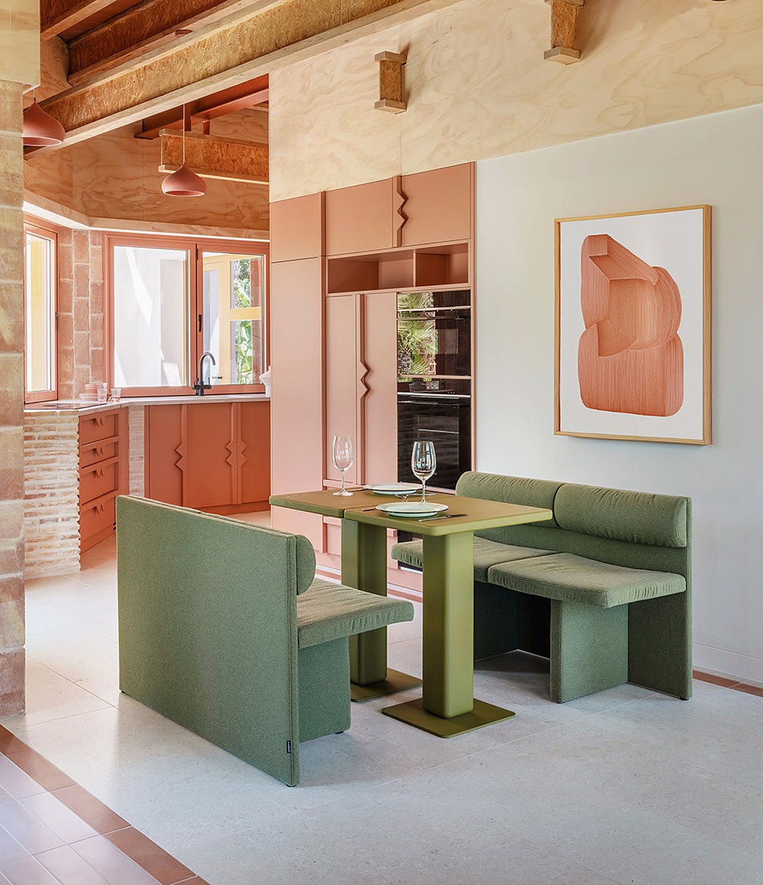 Cita Bench by Sancal in green in a terracotta kitchen – In Dubai by WSPR