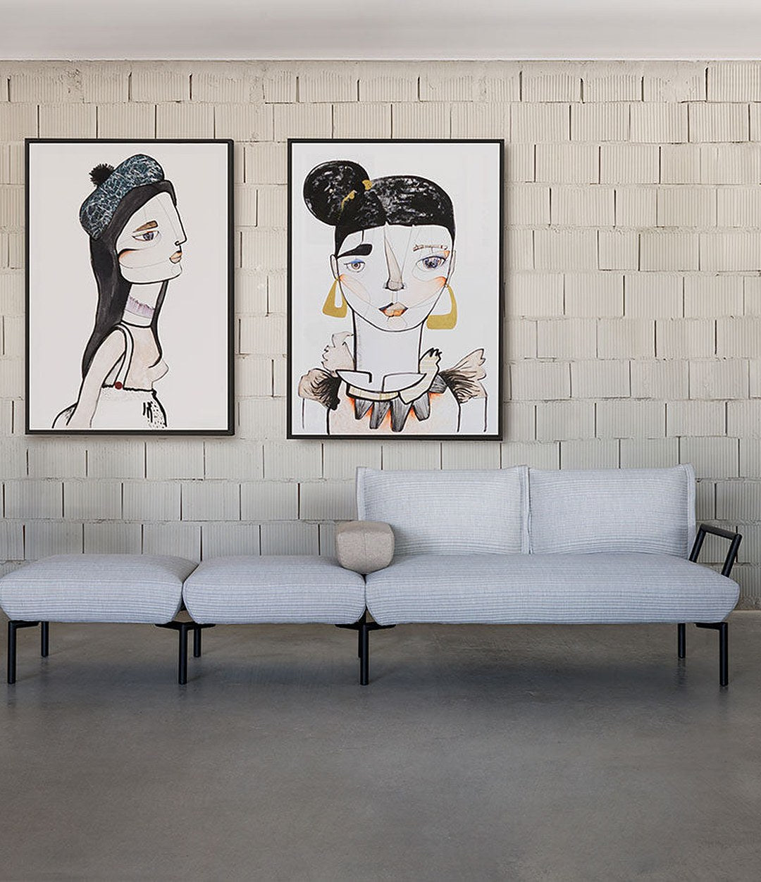 Click Modular Sofa by Sancal a long composition in a gallery space, close view – In Dubai by WSPR