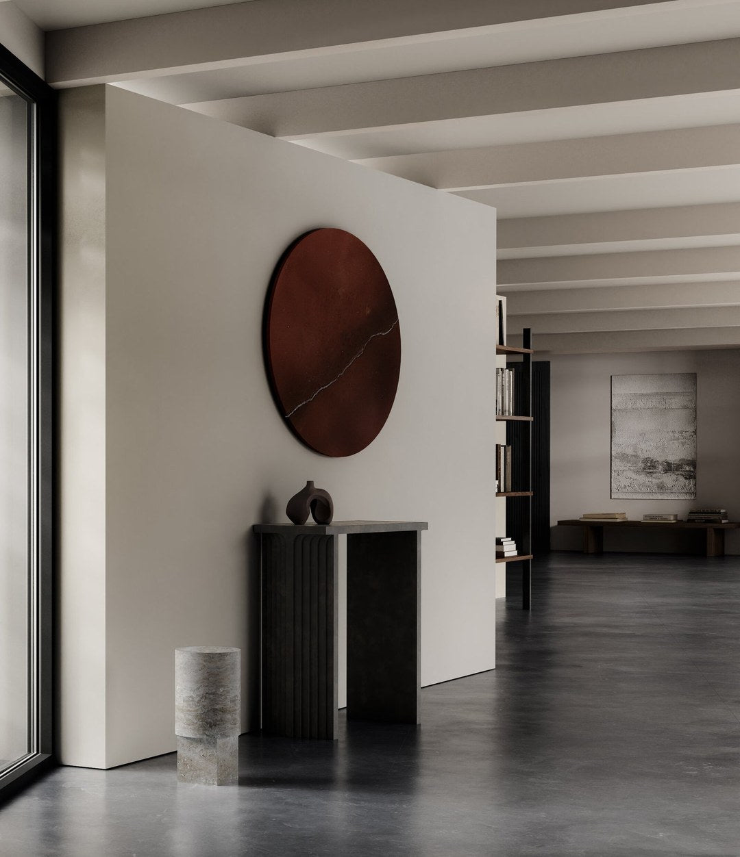Column Table by 101 Copenhagen in Silver Travertine in a styled interior, view 2 – In Dubai by WSPR