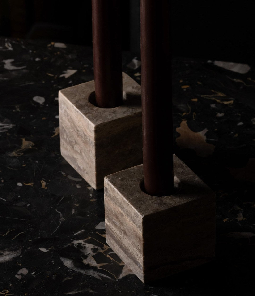 Cube Candle Holder by 101 Copenhagen in Silver Travertine in a styled interior, view 2 – In Dubai by WSPR