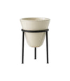 Daiza Planter by Audo in glazed ivory stoneware on a black iron stand, small size, front view – In Dubai by WSPR