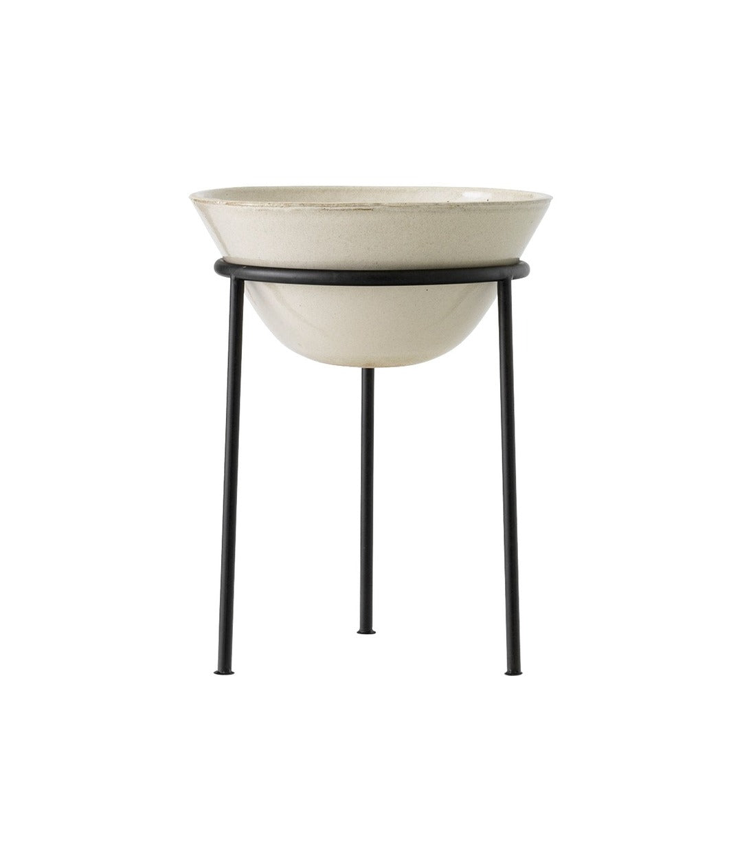 Daiza Planter by Audo in glazed ivory stoneware on a black iron tripod stand, medium size, front view – In Dubai by WSPR