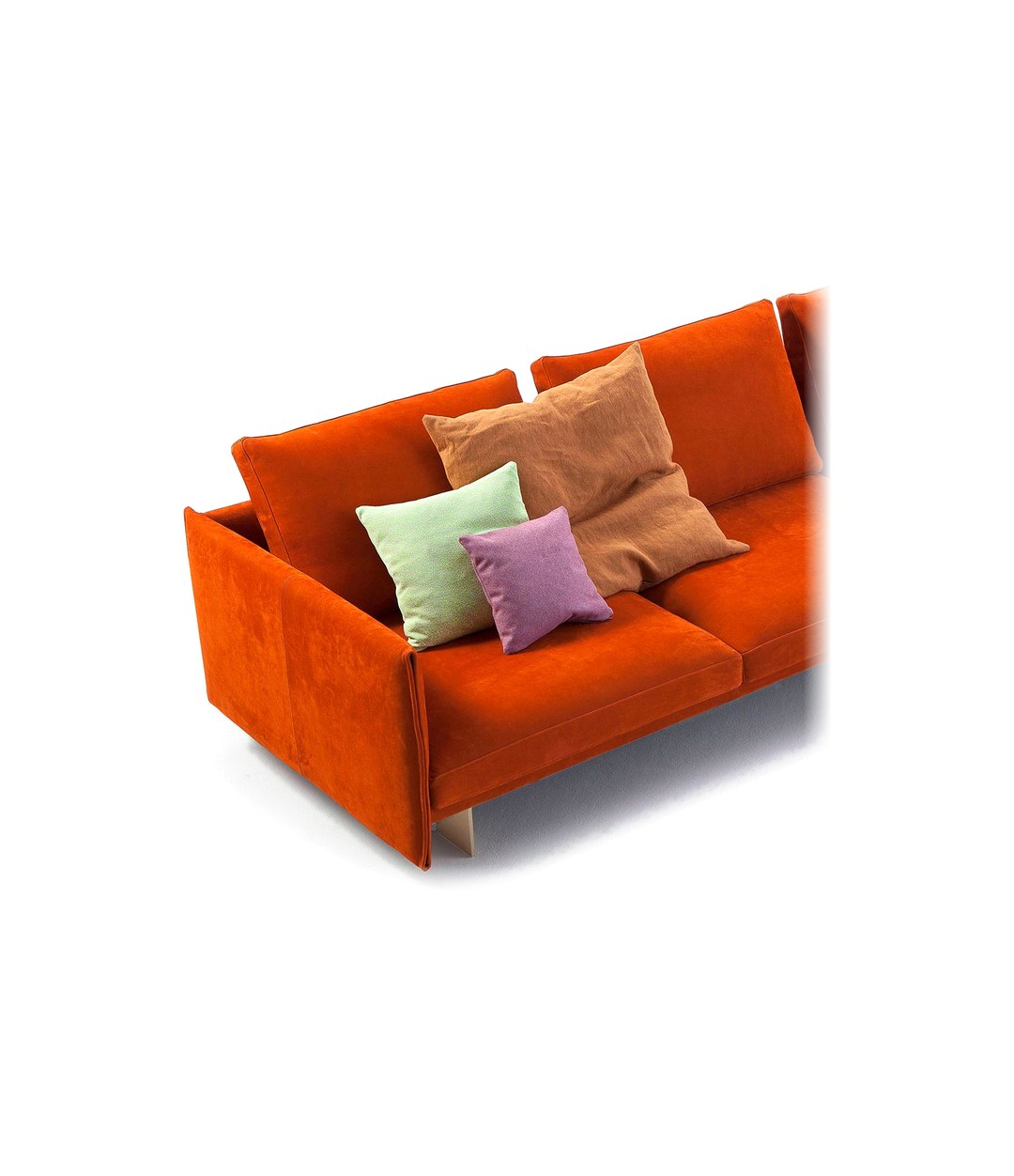 Deep Sofa by Sancal three-seater in orange velvet, three-quarter view – In Dubai by WSPR
