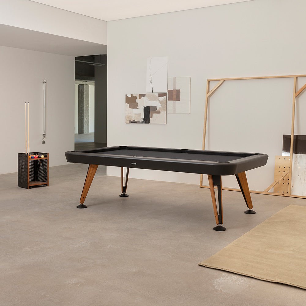 Diagonal Pool Table by RS Barcelona in Jet Black in a gallery-like interior, wide view – In Dubai by WSPR
