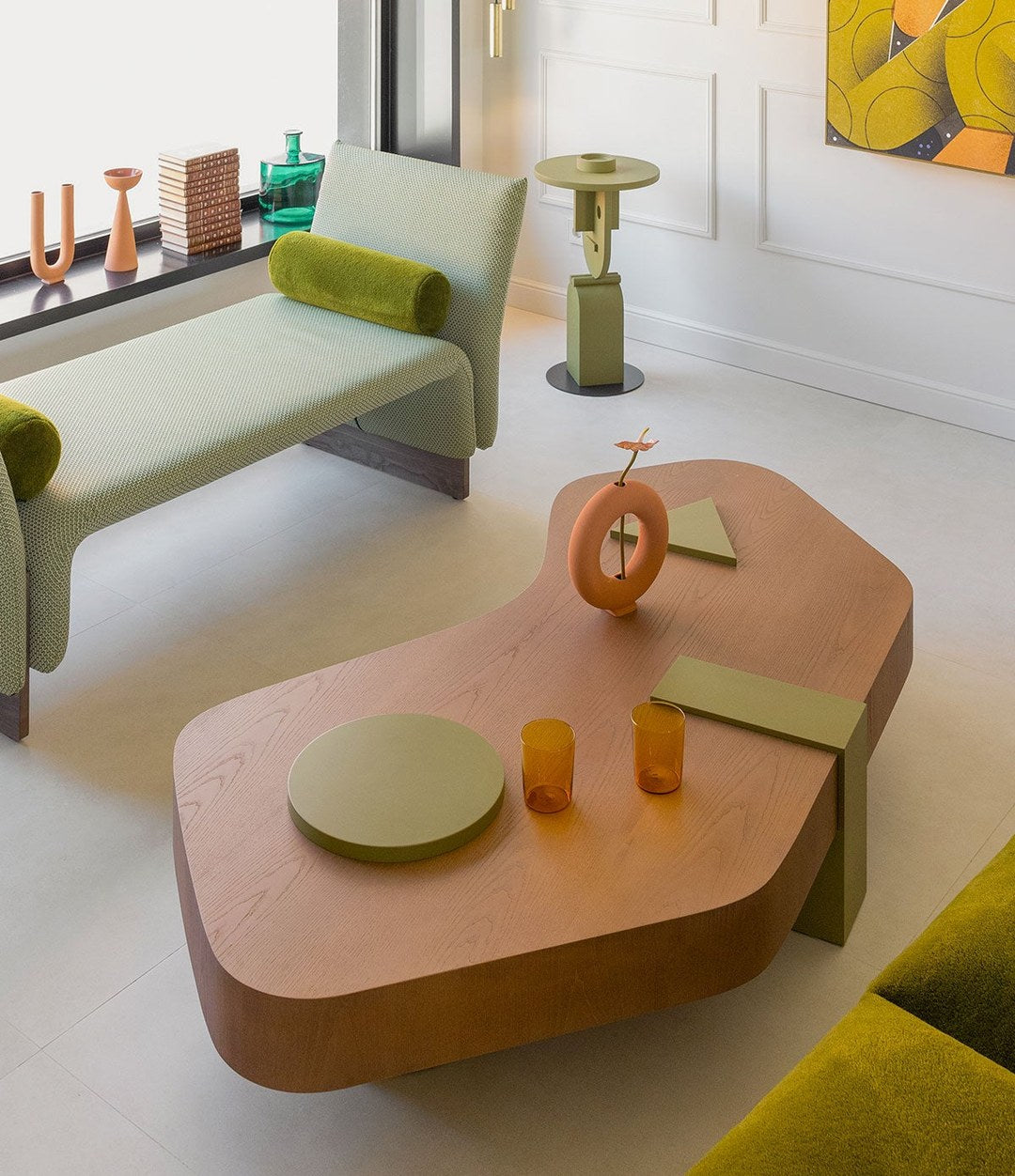 Diwan Chaise Longue by Sancal in sage green with a wooden coffee table – In Dubai by WSPR