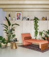 Diwan Chaise Longue by Sancal in coral in a plant-filled room – In Dubai by WSPR