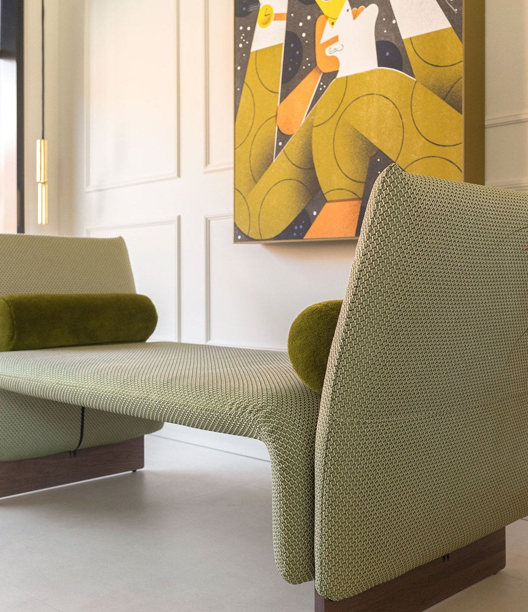 Diwan Chaise Longue by Sancal in sage green with a velvet roll cushion – In Dubai by WSPR