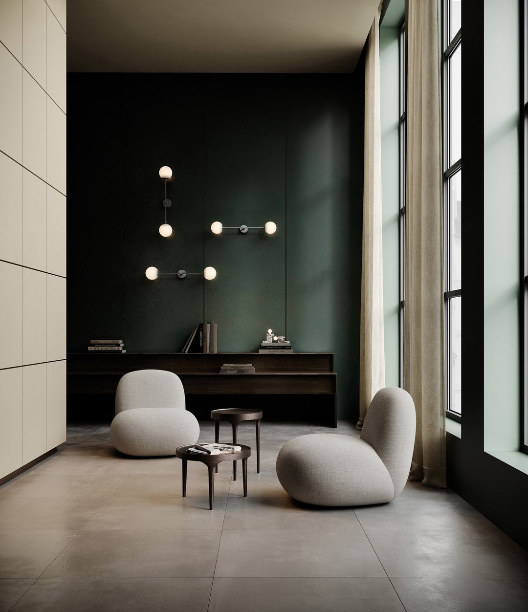 Drop Wall Lamp Bulp by 101 Copenhagen in Grey in a styled interior, view 2 – In Dubai by WSPR