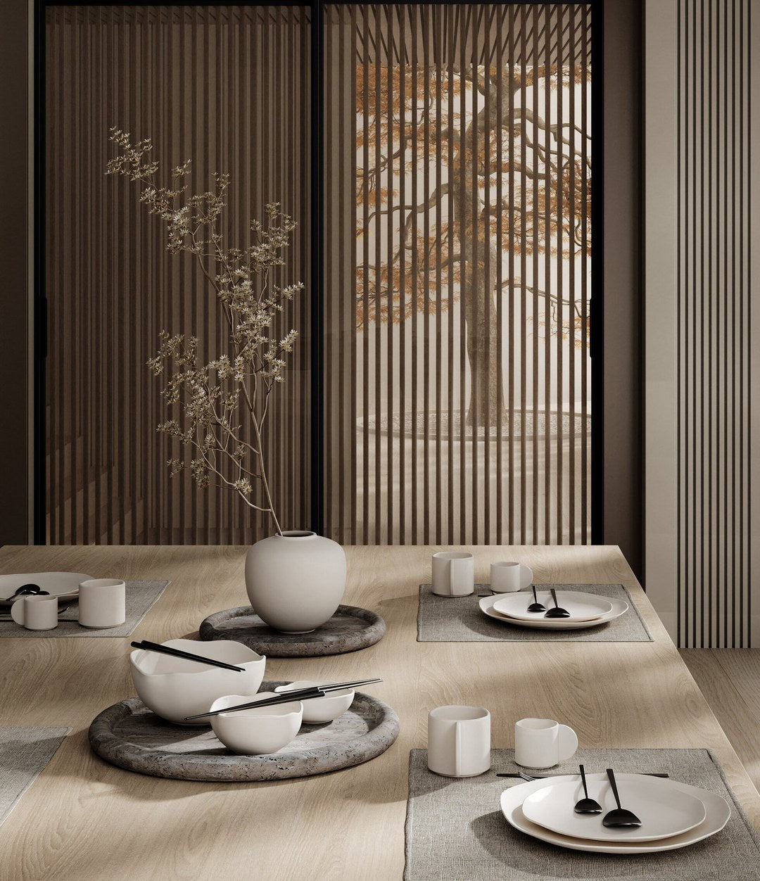 Enkei Tray, Maxi by 101 Copenhagen in Silver Travertine in a styled interior – In Dubai by WSPR