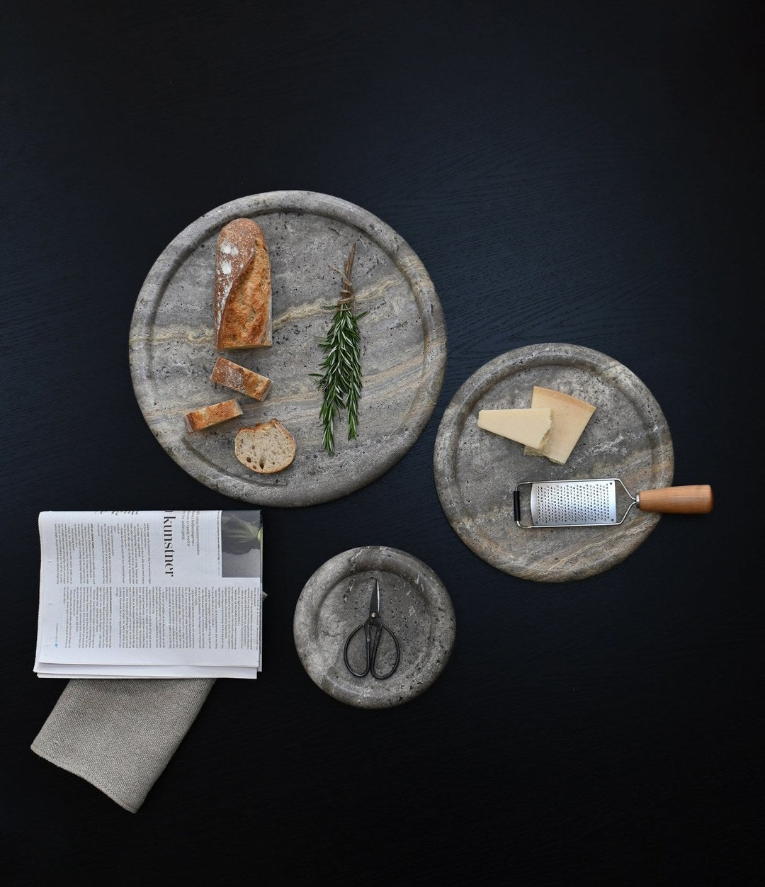 Enkei Tray, Maxi by 101 Copenhagen in Silver Travertine in a styled interior, view 2 – In Dubai by WSPR