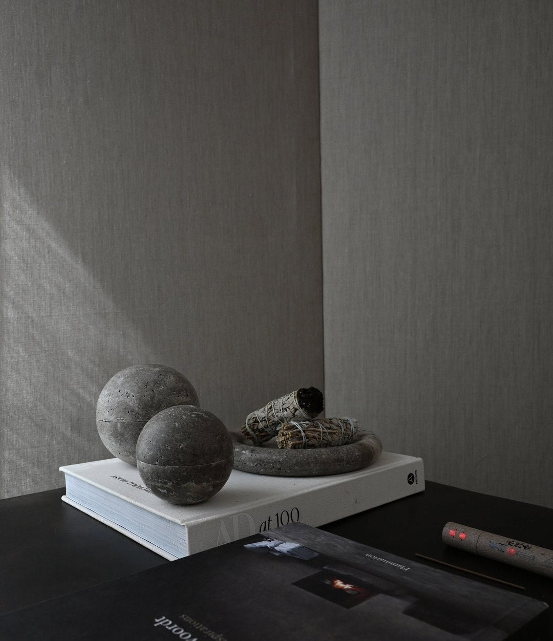 Enkei Tray, Mini by 101 Copenhagen in Silver Travertine in a styled interior, view 2 – In Dubai by WSPR