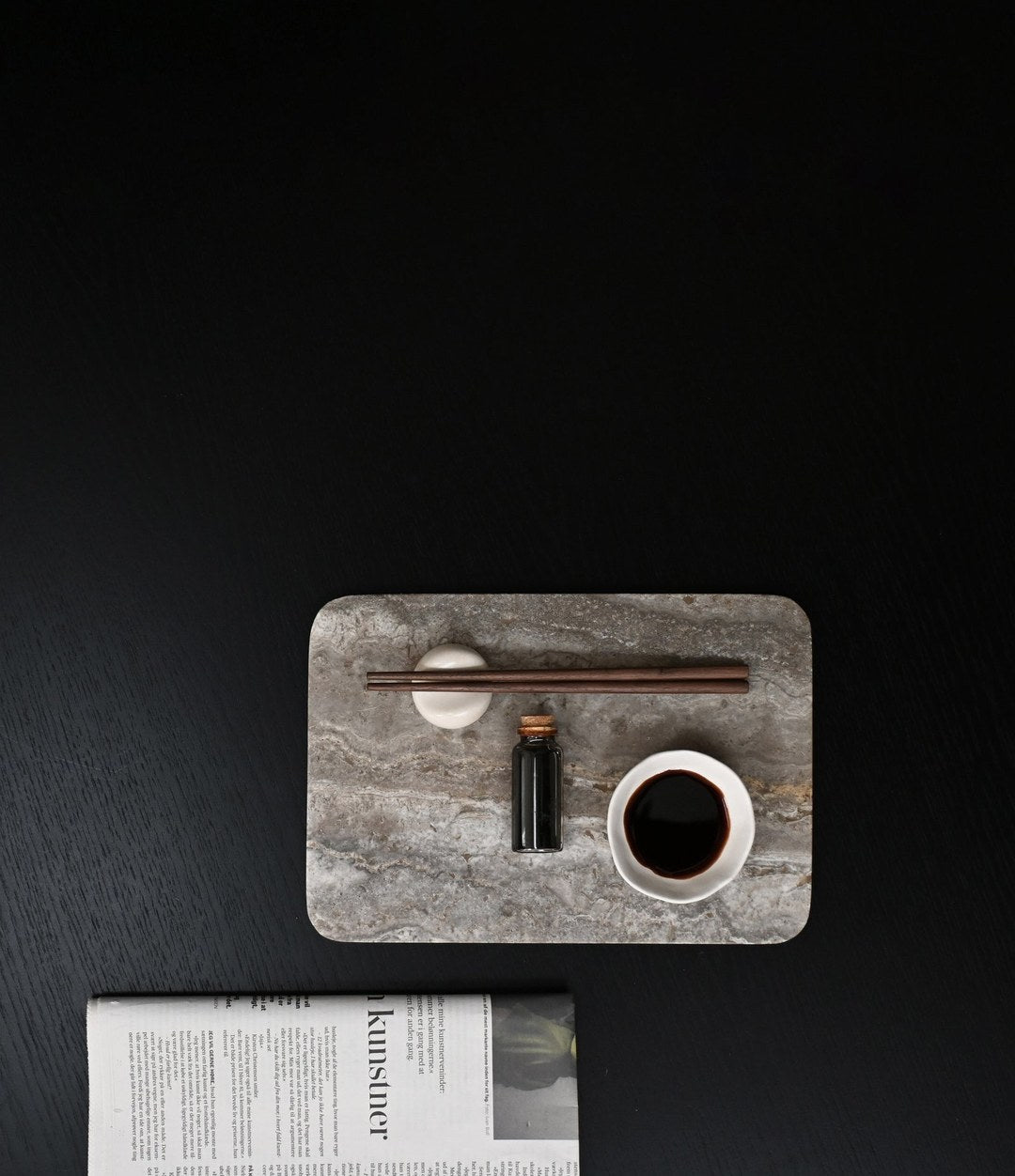 Enkei Tray Rectangular, Mini by 101 Copenhagen in Silver Travertine in a styled interior, view 3 – In Dubai by WSPR
