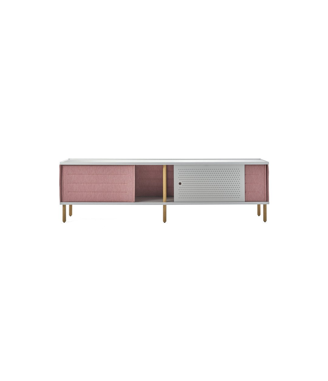 Estante Acoustic Shelving by Sancal 210 cm sideboard with pink textile and perforated aluminium doors – In Dubai by WSPR