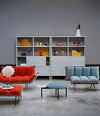 Estante Acoustic Shelving by Sancal wall of units in grey with sofas – In Dubai by WSPR