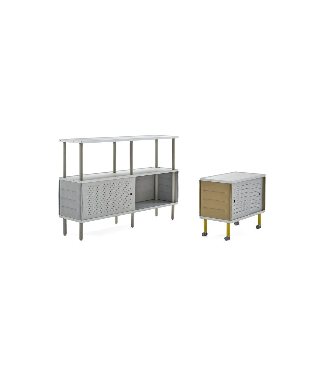 Estante Acoustic Shelving by Sancal tall open unit and a small unit on wheels – In Dubai by WSPR