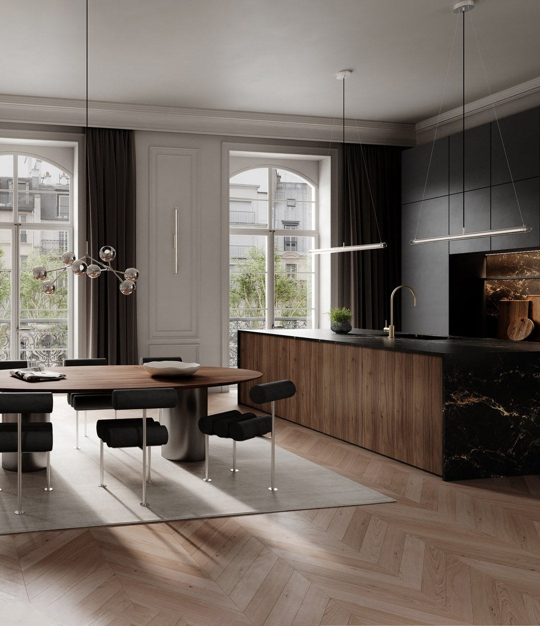 Frame Pendant Lamp by 101 Copenhagen in Chrome in a styled interior, view 2 – In Dubai by WSPR