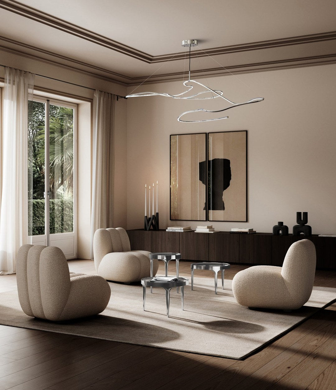 Ghost Chandelier, Big by 101 Copenhagen in Chrome (5m) in a styled interior – In Dubai by WSPR