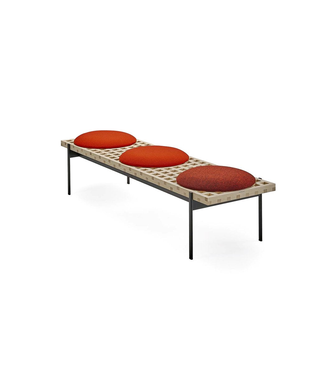 Interchange Bench by Sancal in natural ash with three red seats, three-quarter view – In Dubai by WSPR