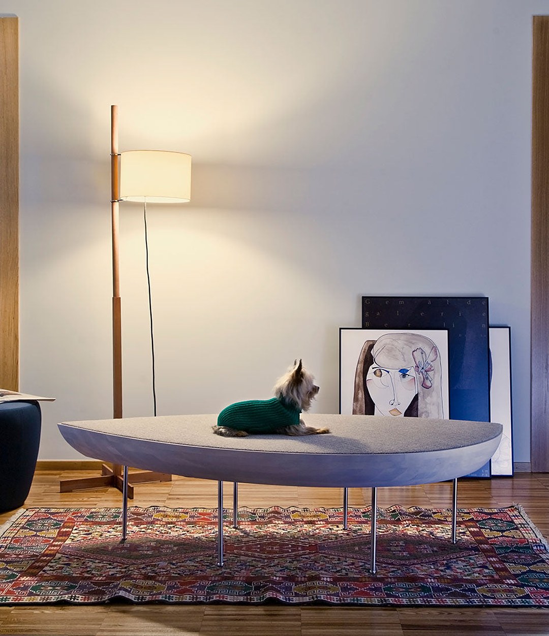Konoha Bench by Sancal in grey with a dog in a living room – In Dubai by WSPR