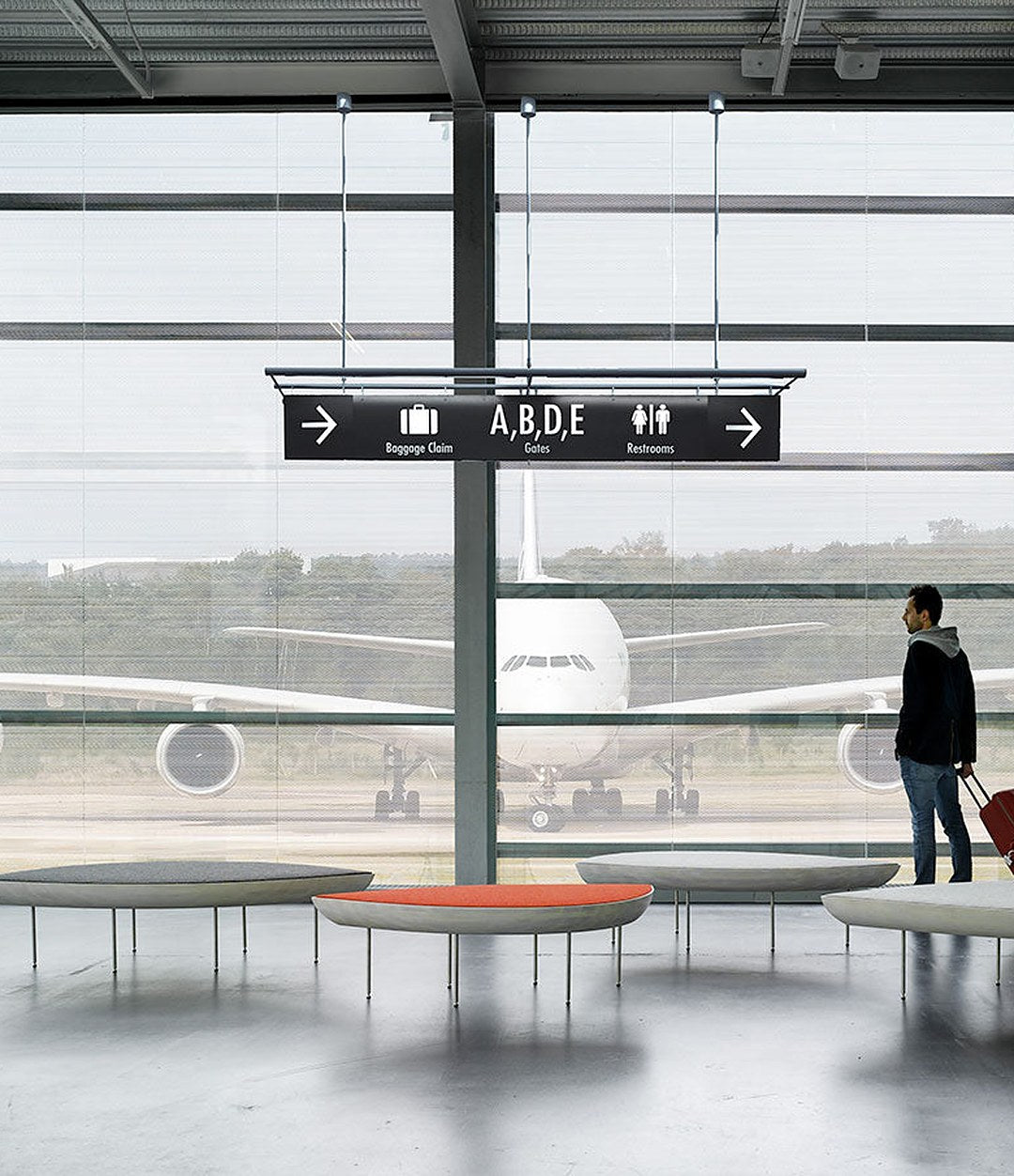 Konoha Bench by Sancal benches at an airport window – In Dubai by WSPR