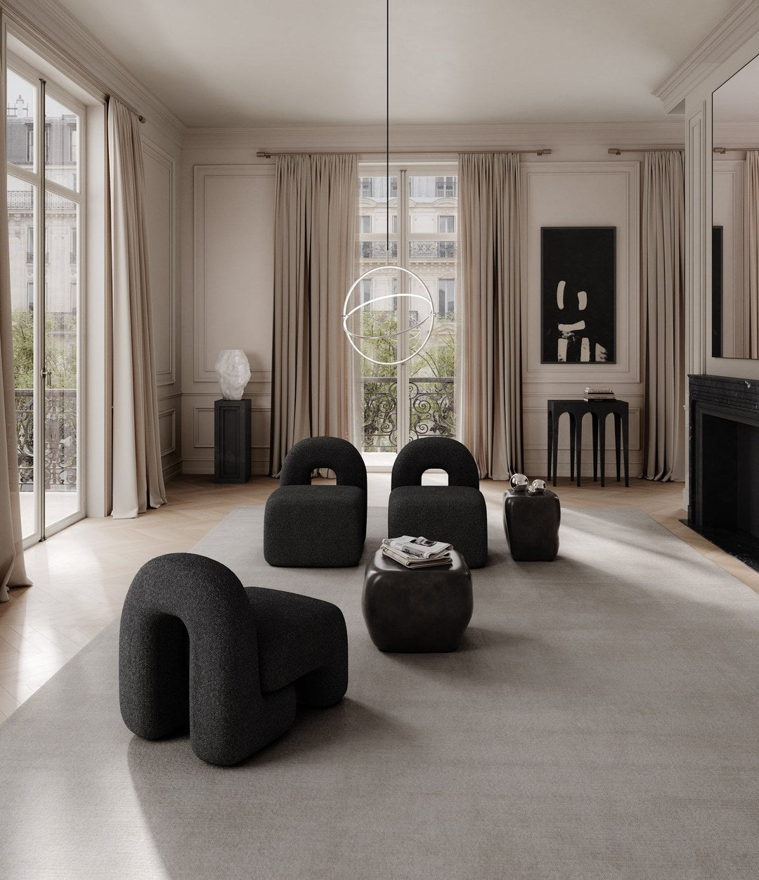 Maru Pendant, Ø60 by 101 Copenhagen in Chrome in a styled interior, view 2 – In Dubai by WSPR