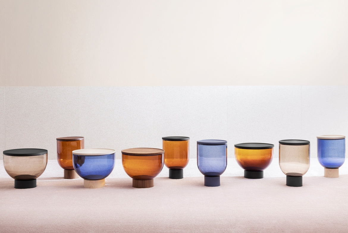 Mastea Coffee Table by Miniforms, lineup in Amber, Blue and Smoke Grey glass – In Dubai by WSPR