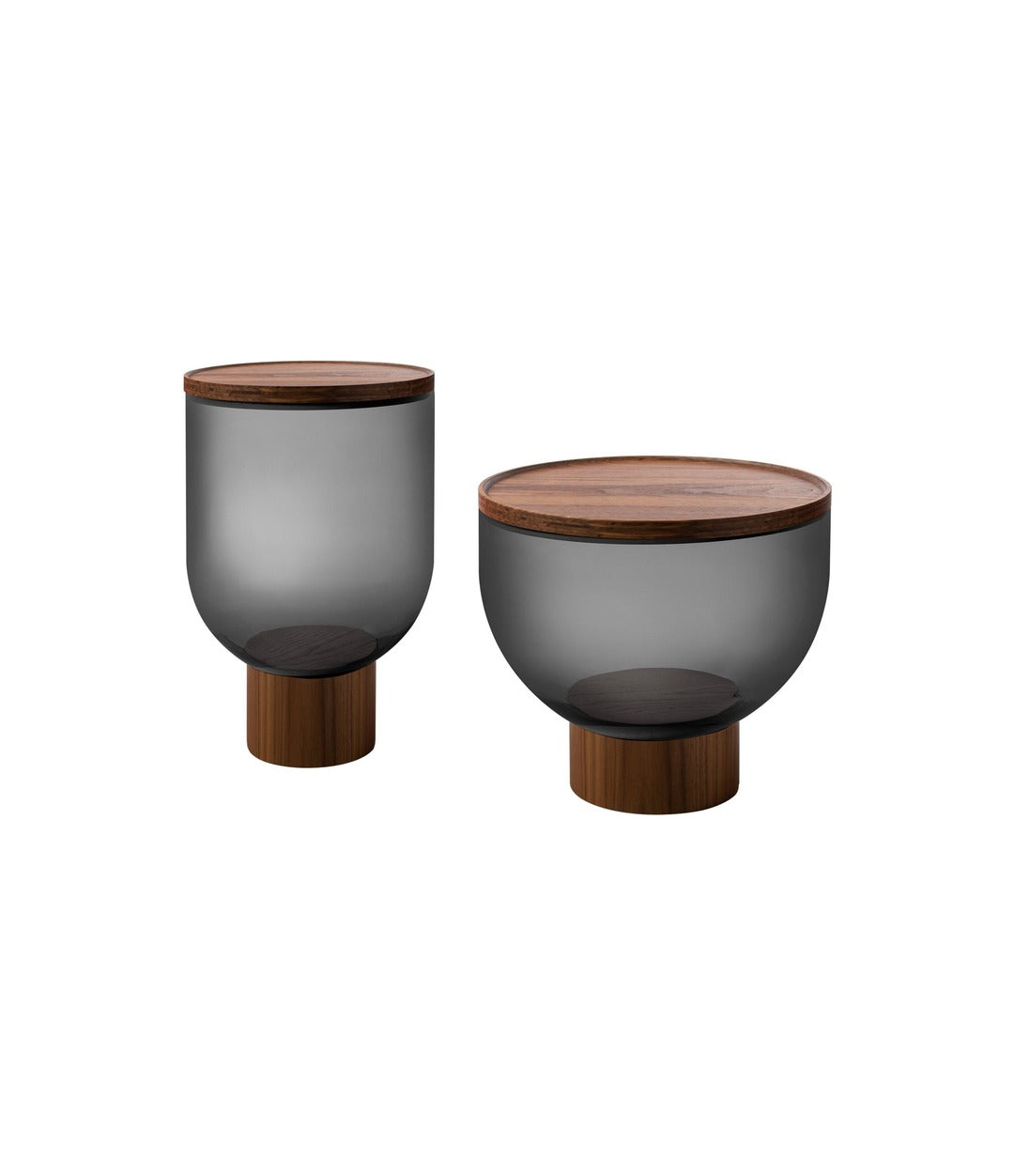Mastea Coffee Table by Miniforms in Smoke Grey glass with Canaletto Walnut top, pair view – In Dubai by WSPR