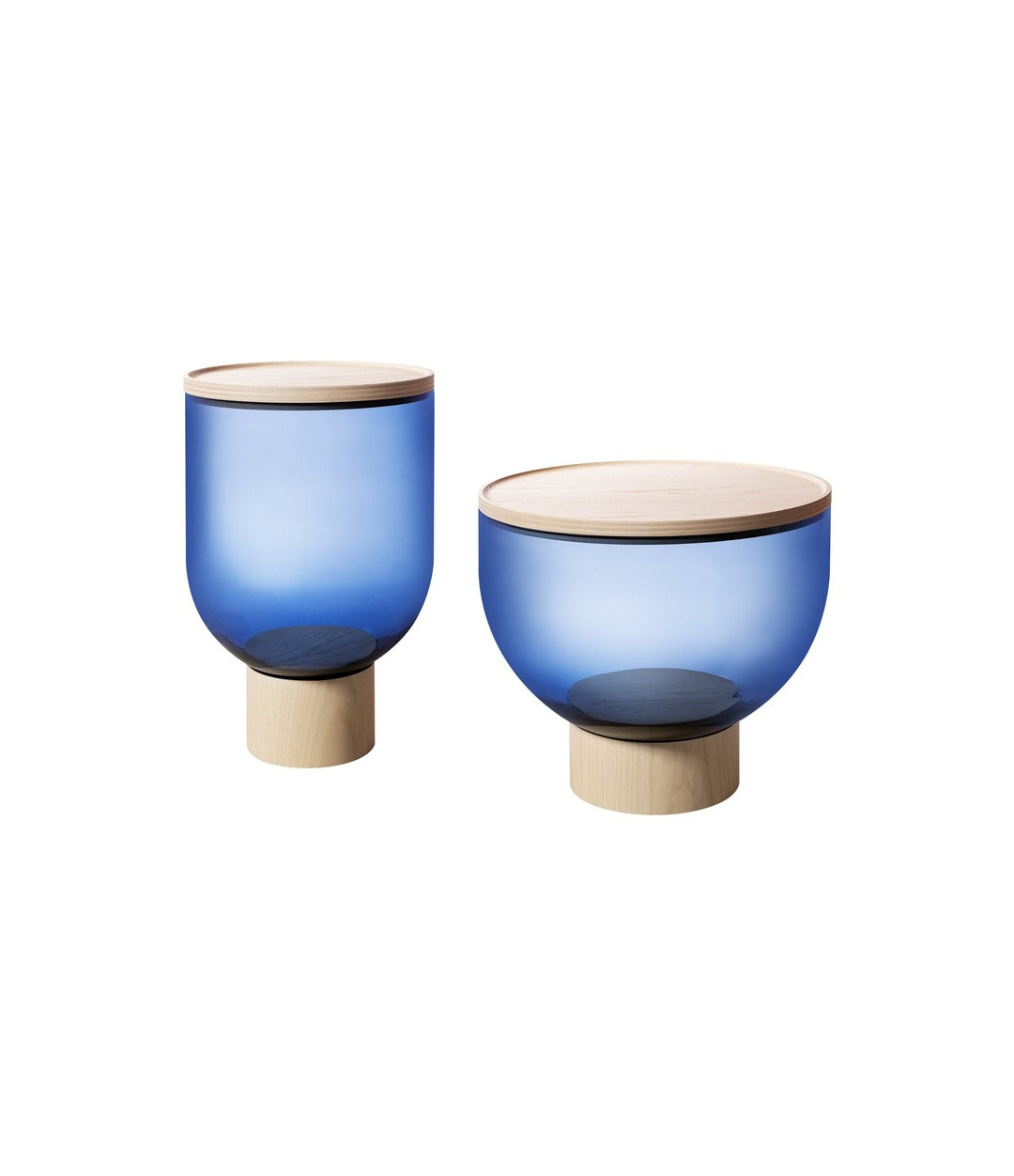 Mastea Coffee Table by Miniforms in Blue glass with Ash top, pair view – In Dubai by WSPR