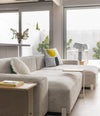 Mousse Modular Sofa by Sancal in white corduroy with a shelf – In Dubai by WSPR