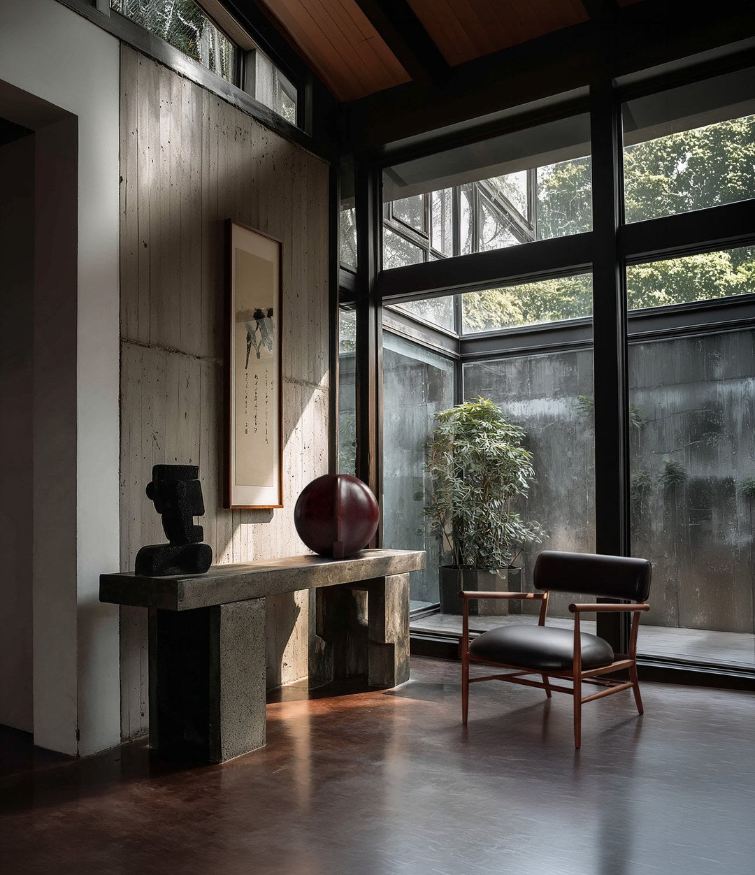 Nama Lounge Chair by 101 Copenhagen in Classic Brown Oak / Leather Black in a styled interior – In Dubai by WSPR