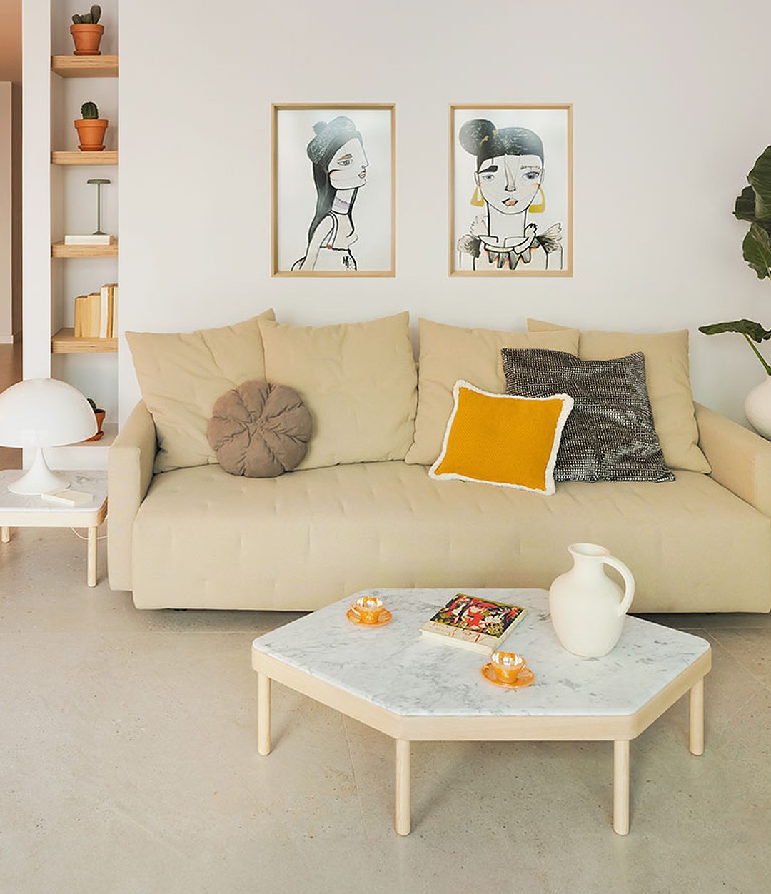 Nap Sofa Bed by Sancal in cream with a marble coffee table – In Dubai by WSPR