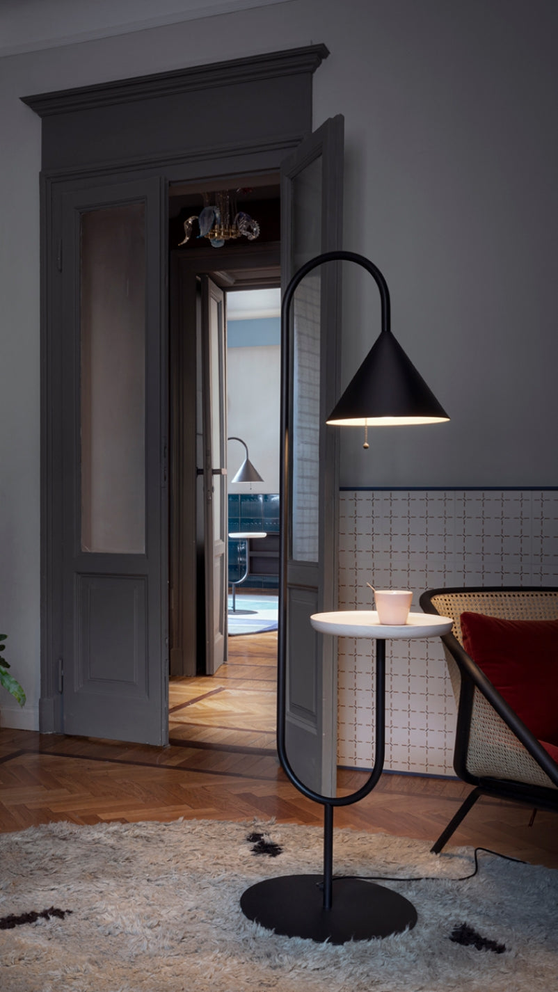 Ozz Lamp by Miniforms in black with a light shelf, styled in a grey hallway – In Dubai by WSPR