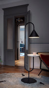 Ozz Lamp by Miniforms in black with a light shelf, styled in a grey hallway – In Dubai by WSPR