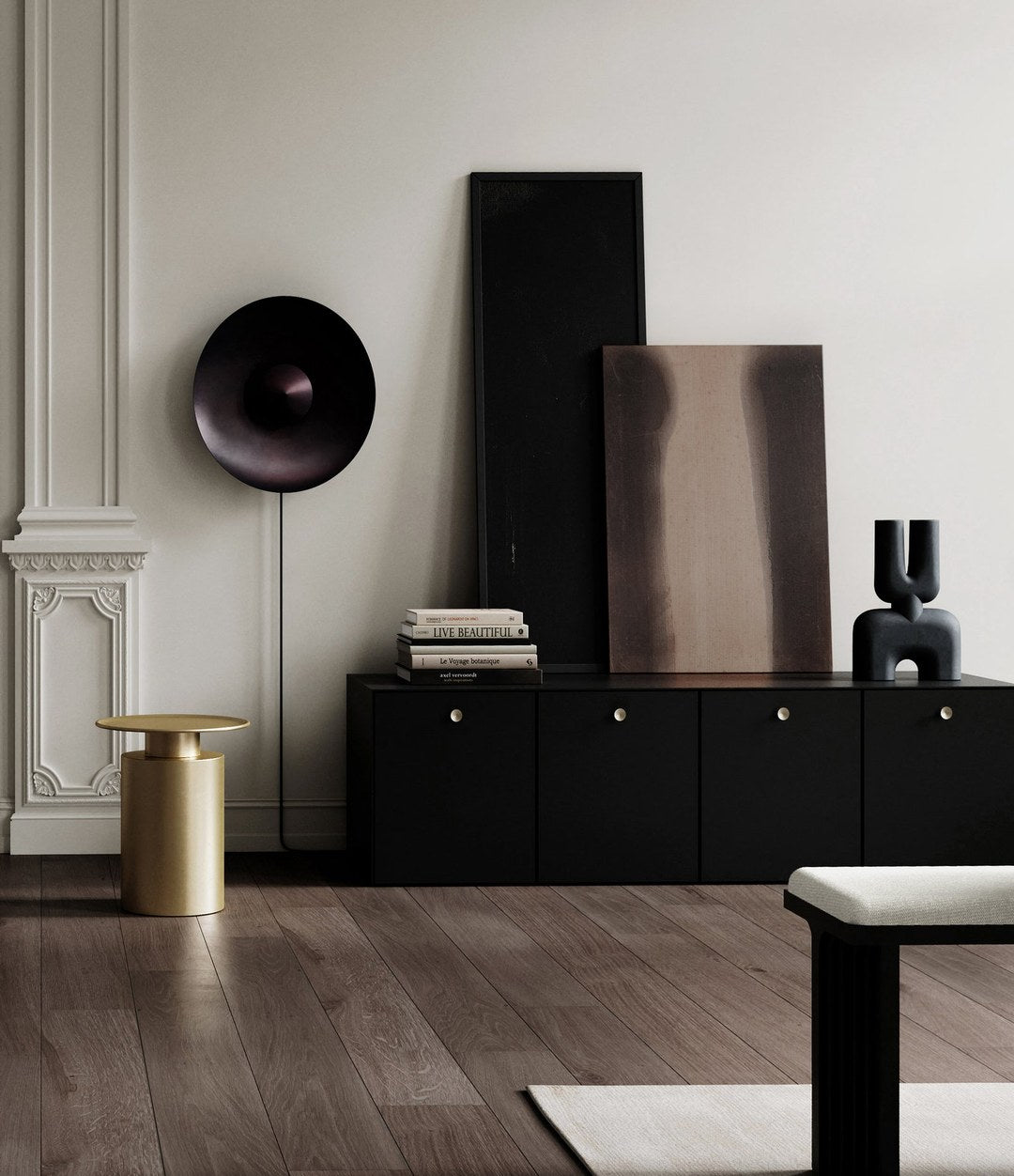 Pillar Table, Tall by 101 Copenhagen in Brass in a styled interior, view 2 – In Dubai by WSPR