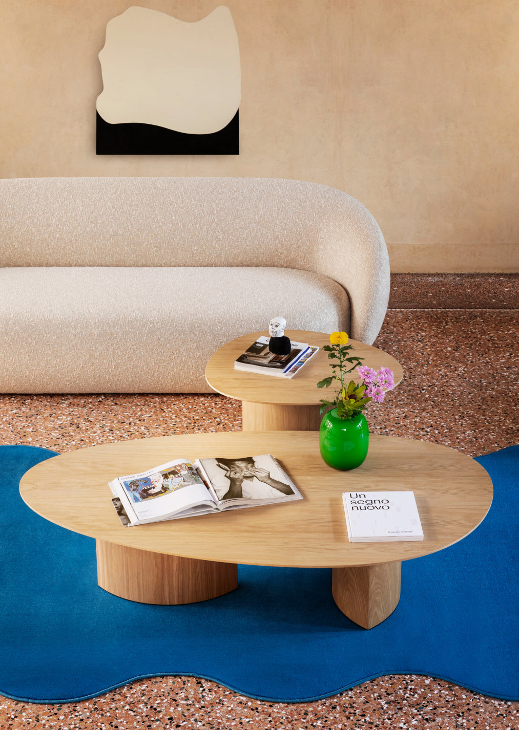 Plautino Coffee Table by Miniforms in oak, both sizes styled on a blue rug – In Dubai by WSPR