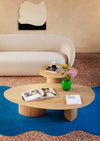 Plautino Coffee Table by Miniforms in oak, both sizes styled on a blue rug – In Dubai by WSPR