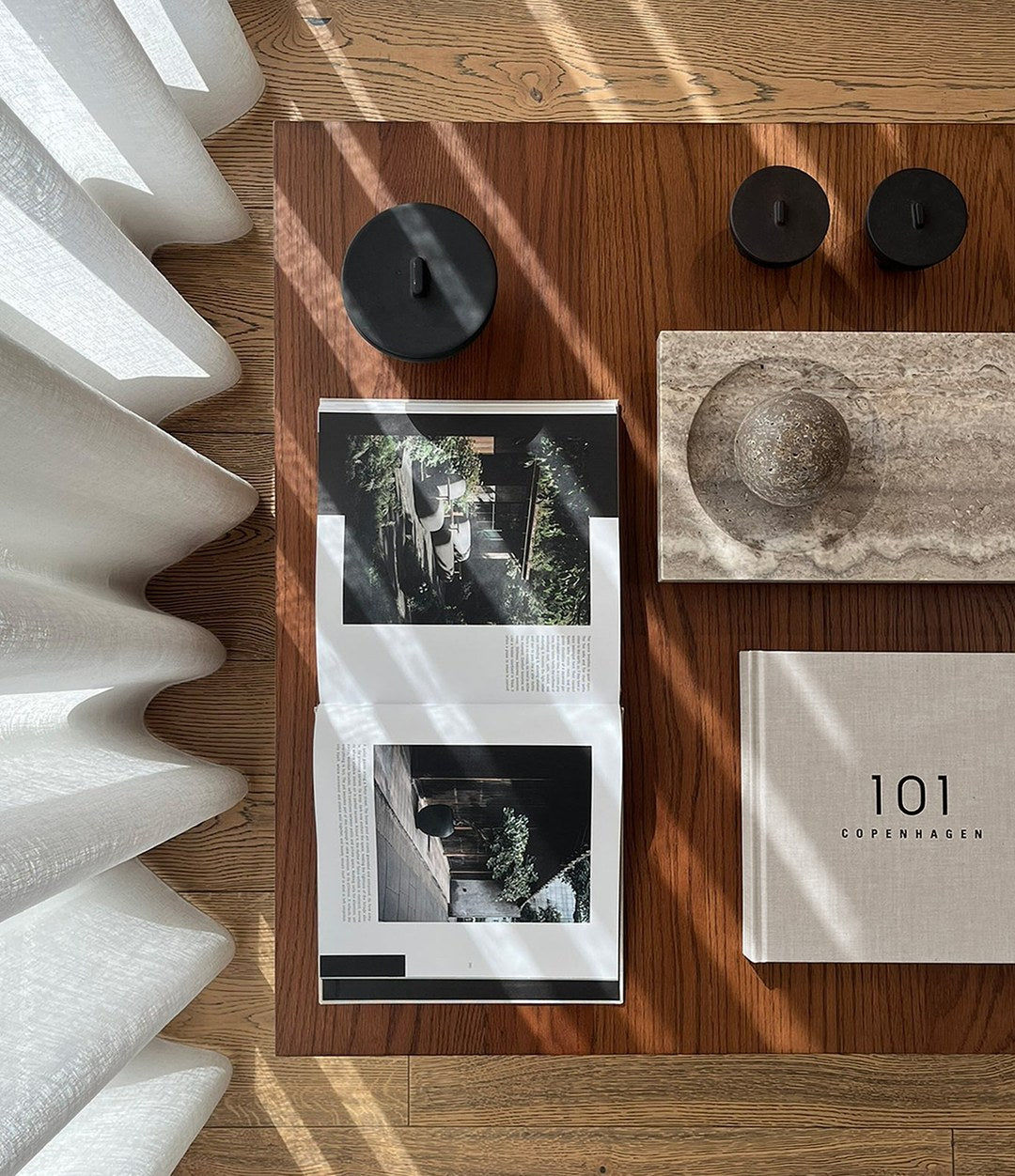 Plinth Coffee Table, 80x80 by 101 Copenhagen in Classic Brown Oak in a styled interior, view 2 – In Dubai by WSPR
