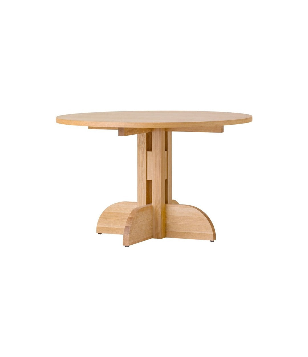 Puffin Dining Table, Round by Audo in natural oak with an oak veneer top, Ø120 cm, angled view – In Dubai by WSPR