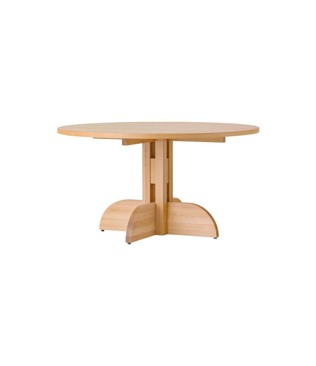 Puffin Dining Table, Round by Audo in natural oak with an oak veneer top, Ø140 cm, angled view – In Dubai by WSPR