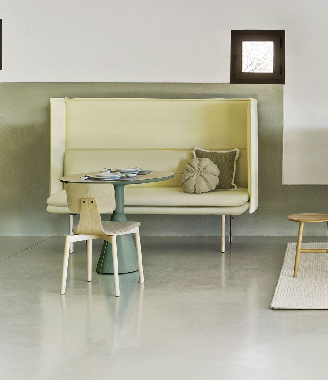 Rew Bench by Sancal in cream with a table in a bright room – In Dubai by WSPR