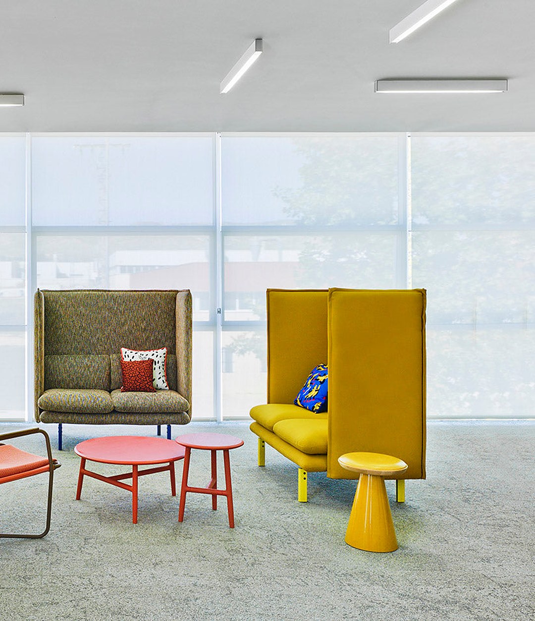 Rew Modular Sofa by Sancal in green and yellow in an office lounge, wide view – In Dubai by WSPR