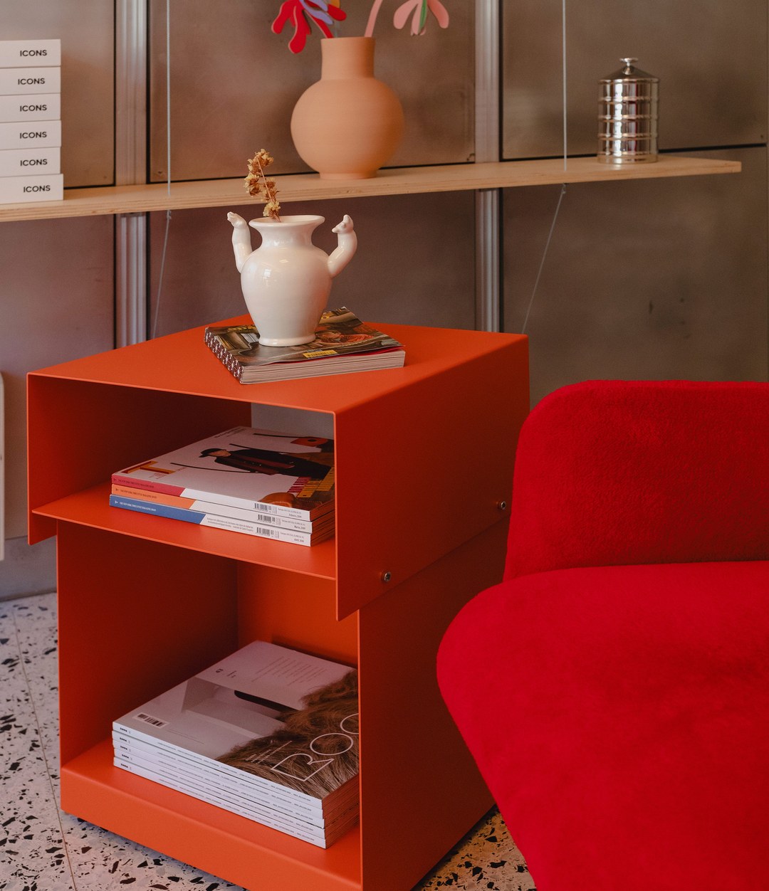 Seta Trolley by Sancal in orange styled as a side table – In Dubai by WSPR